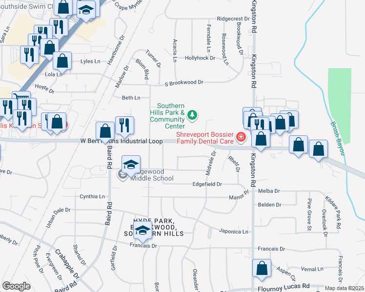 map of restaurants, bars, coffee shops, grocery stores, and more near 1023 West Bert Kouns Industrial Loop in Shreveport
