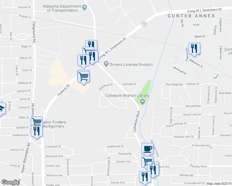 map of restaurants, bars, coffee shops, grocery stores, and more near 928 Hanover Drive in Montgomery