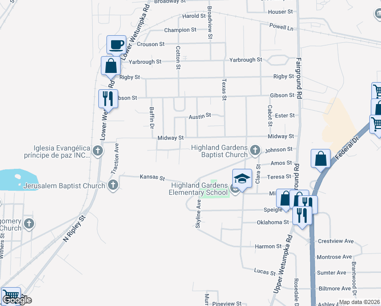 map of restaurants, bars, coffee shops, grocery stores, and more near 1720 Gloria Court in Montgomery