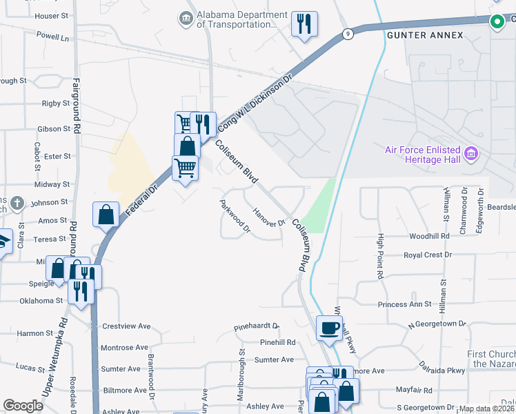 map of restaurants, bars, coffee shops, grocery stores, and more near 940 Hanover Drive in Montgomery