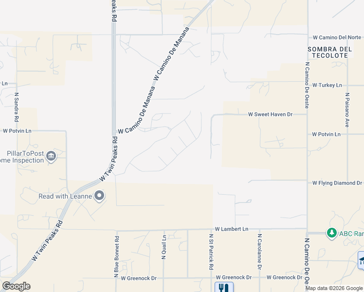 map of restaurants, bars, coffee shops, grocery stores, and more near 5301 West Camino De Manana in Tucson