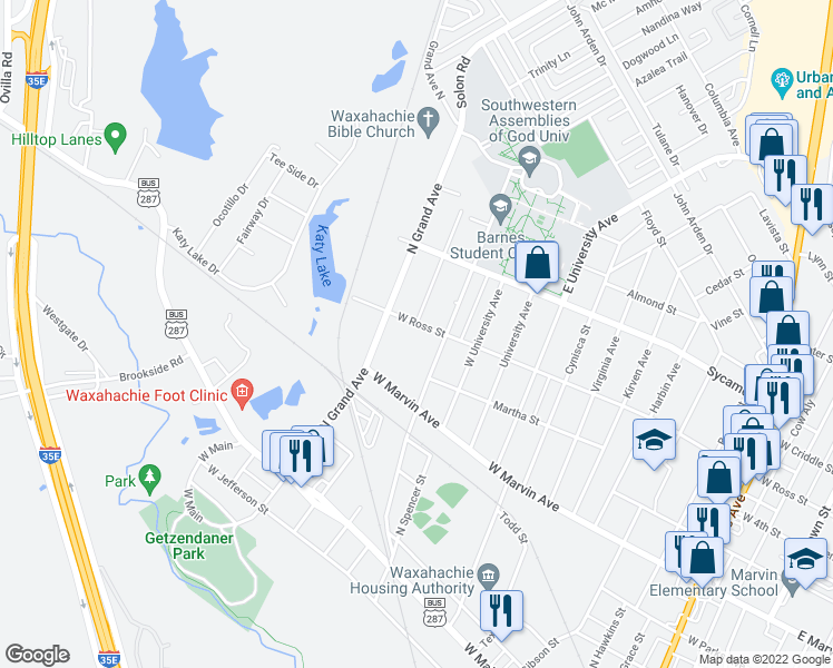 map of restaurants, bars, coffee shops, grocery stores, and more near 1411 West Ross Street in Waxahachie