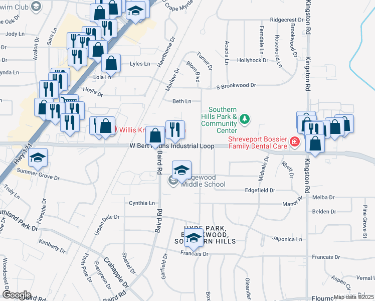 map of restaurants, bars, coffee shops, grocery stores, and more near 2021 West Bert Kouns Industrial Loop in Shreveport
