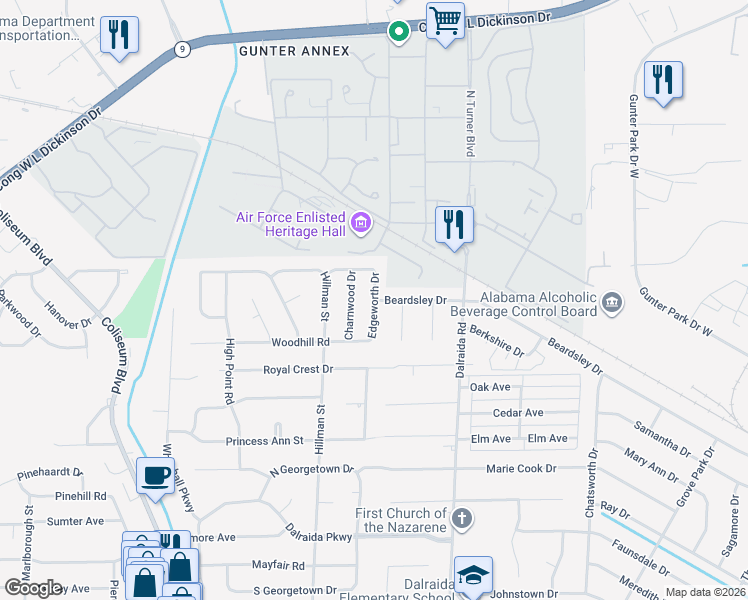 map of restaurants, bars, coffee shops, grocery stores, and more near 3801 Beardsley Drive in Montgomery