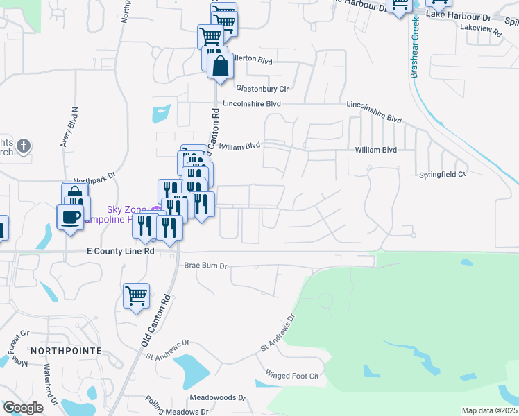 map of restaurants, bars, coffee shops, grocery stores, and more near 192 Pine Knoll Drive in Ridgeland