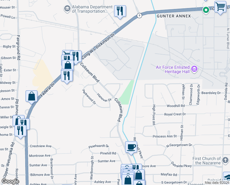 map of restaurants, bars, coffee shops, grocery stores, and more near 907 Grenada Drive in Montgomery