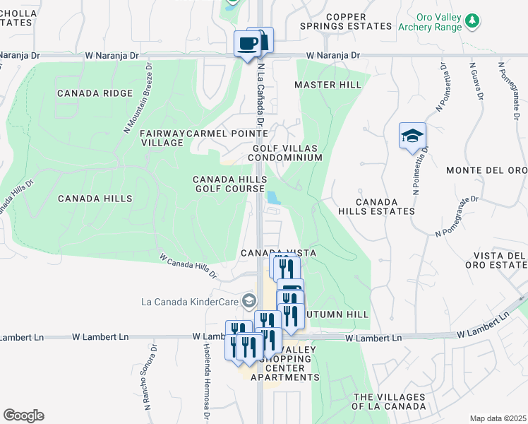 map of restaurants, bars, coffee shops, grocery stores, and more near 10700 North La Cañada Drive in Oro Valley