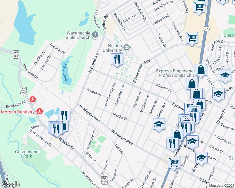 map of restaurants, bars, coffee shops, grocery stores, and more near 309 University Avenue in Waxahachie