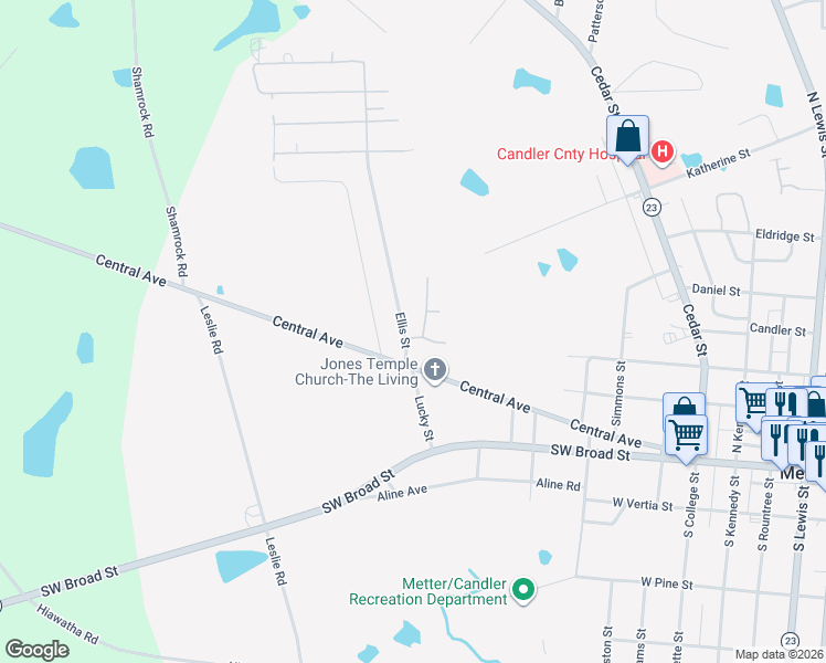 map of restaurants, bars, coffee shops, grocery stores, and more near 200 Ellis Street in Metter