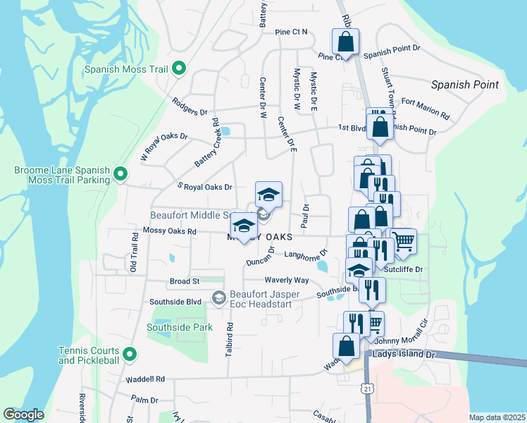 map of restaurants, bars, coffee shops, grocery stores, and more near 2501 Mossy Oaks Road in Beaufort