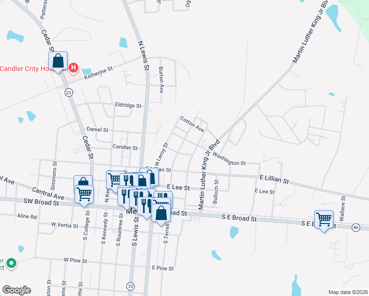 map of restaurants, bars, coffee shops, grocery stores, and more near 207 Lincoln Street in Metter
