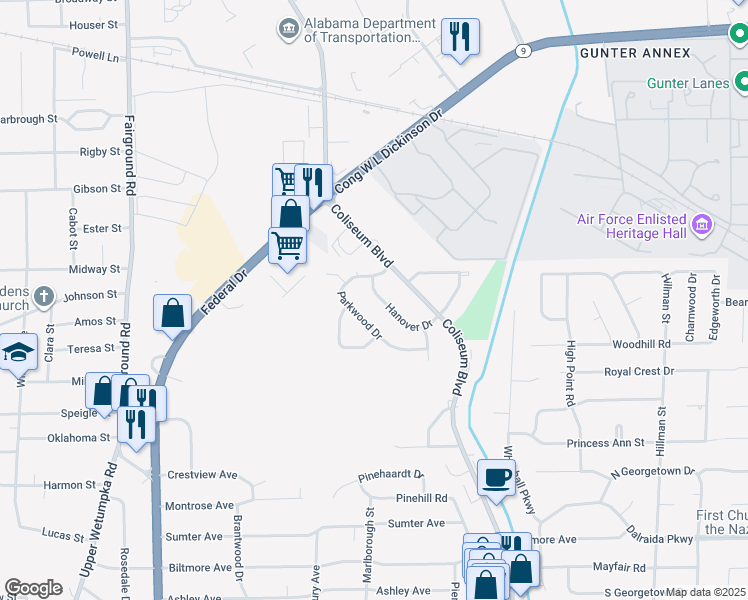 map of restaurants, bars, coffee shops, grocery stores, and more near 957 Hanover Drive in Montgomery