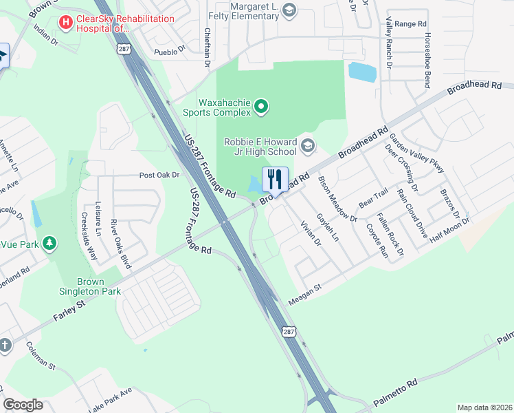 map of restaurants, bars, coffee shops, grocery stores, and more near 1100-1198 Farley Street in Waxahachie