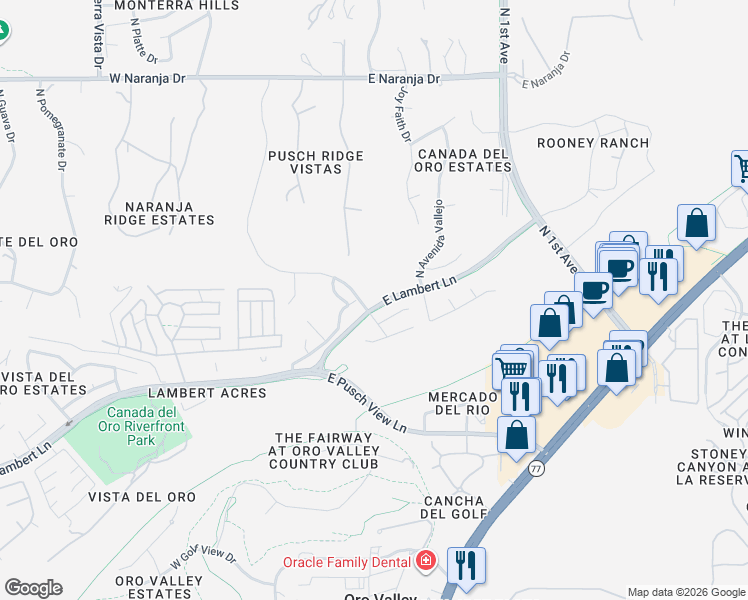 map of restaurants, bars, coffee shops, grocery stores, and more near 194 East Brearley Drive in Oro Valley