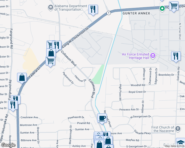 map of restaurants, bars, coffee shops, grocery stores, and more near 850 Coliseum Boulevard in Montgomery