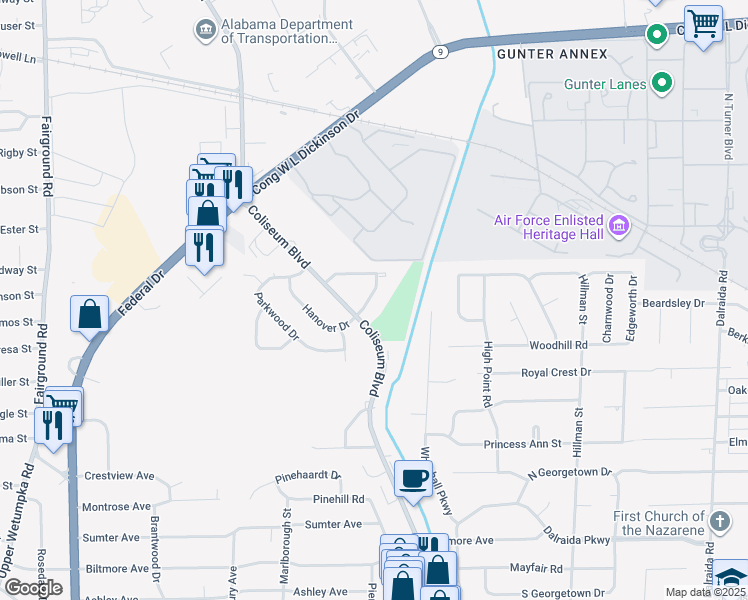 map of restaurants, bars, coffee shops, grocery stores, and more near 850 Coliseum Boulevard in Montgomery