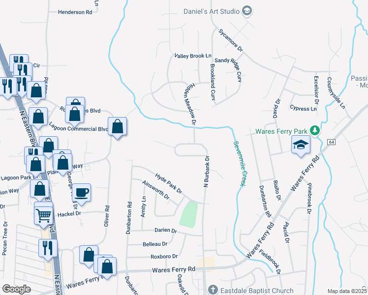 map of restaurants, bars, coffee shops, grocery stores, and more near 1125 North Burbank Drive in Montgomery