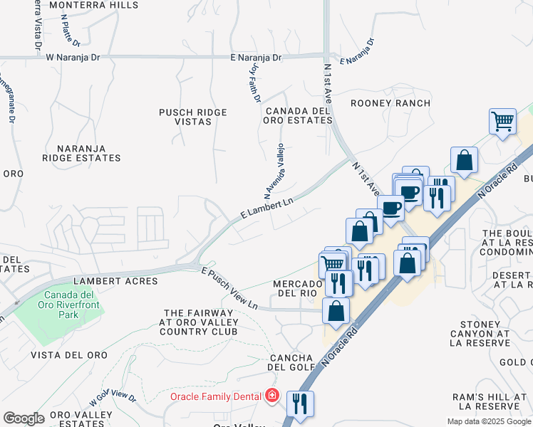map of restaurants, bars, coffee shops, grocery stores, and more near 385 East Streams Edge Place in Oro Valley