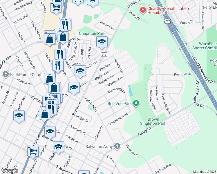 map of restaurants, bars, coffee shops, grocery stores, and more near 202 Morene Avenue in Waxahachie