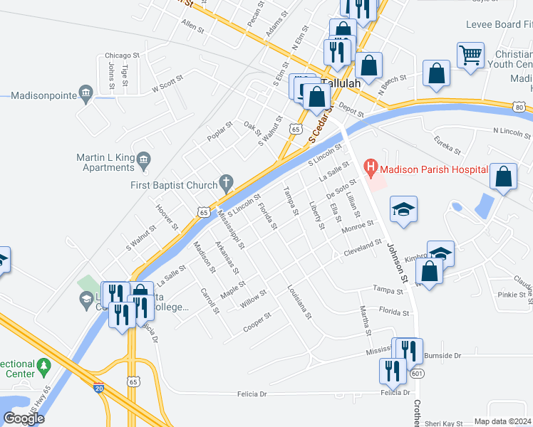 map of restaurants, bars, coffee shops, grocery stores, and more near 801 Florida Street in Tallulah