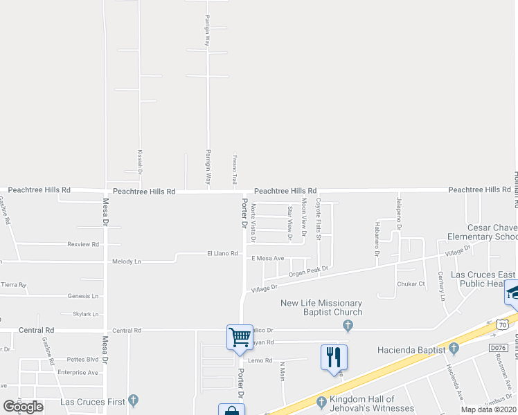 map of restaurants, bars, coffee shops, grocery stores, and more near 6204 Cloud Dance Drive in Las Cruces