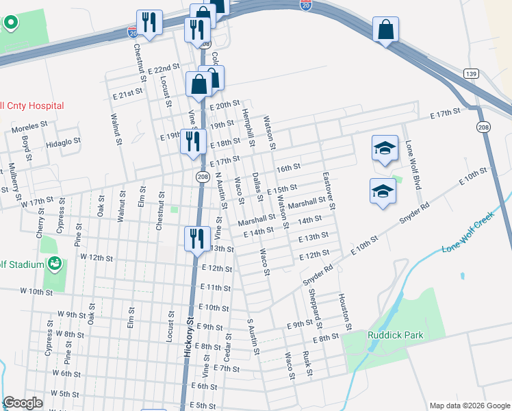 map of restaurants, bars, coffee shops, grocery stores, and more near 1401-1499 Dallas Street in Colorado City