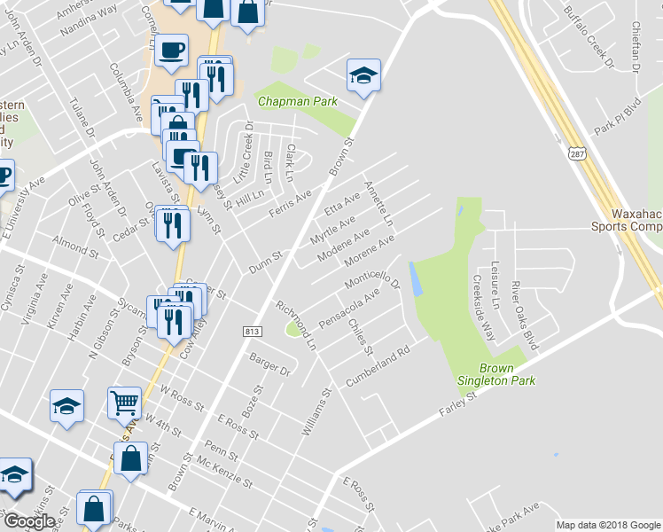 map of restaurants, bars, coffee shops, grocery stores, and more near 113 Morene Avenue in Waxahachie