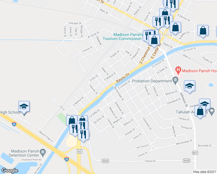 map of restaurants, bars, coffee shops, grocery stores, and more near 903 Bayou Drive in Tallulah