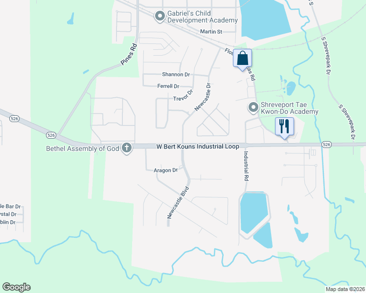 map of restaurants, bars, coffee shops, grocery stores, and more near 9201 Newcastle Boulevard in Shreveport