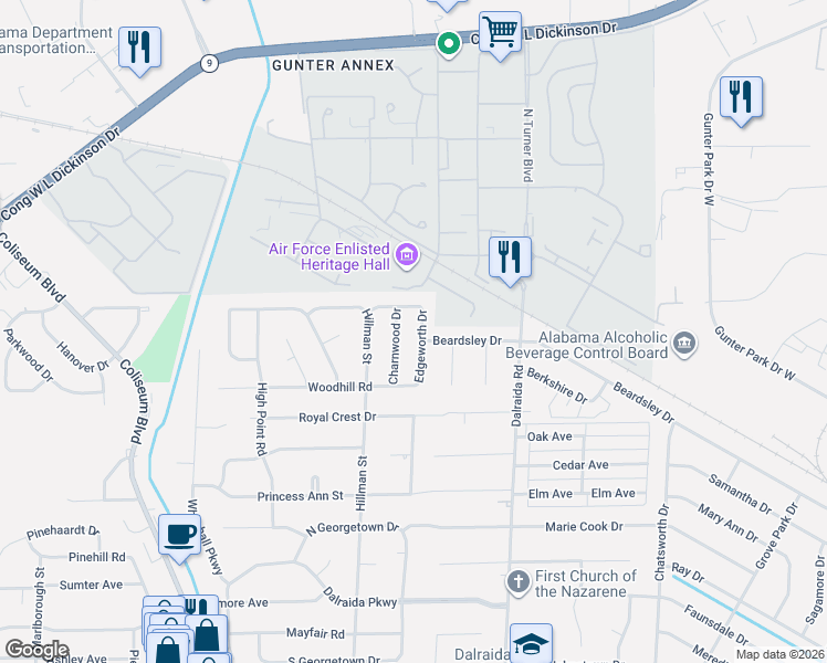 map of restaurants, bars, coffee shops, grocery stores, and more near 1224 Edgeworth Drive in Montgomery