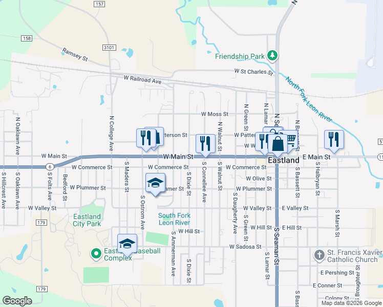 map of restaurants, bars, coffee shops, grocery stores, and more near 802 West Main Street in Eastland