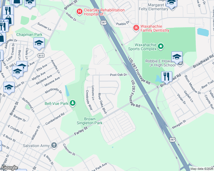 map of restaurants, bars, coffee shops, grocery stores, and more near 106 Bryn Mawr Lane in Waxahachie