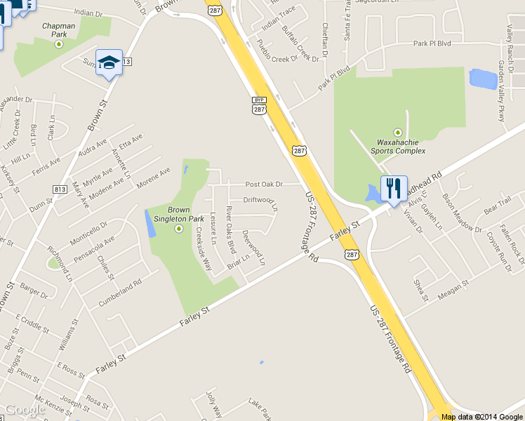 map of restaurants, bars, coffee shops, grocery stores, and more near 117 Bryn Mawr Lane in Waxahachie