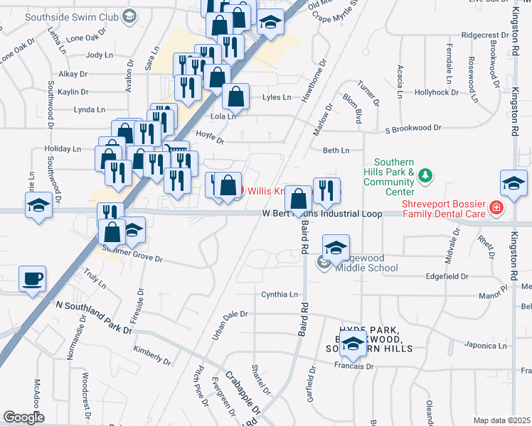 map of restaurants, bars, coffee shops, grocery stores, and more near 2222 West Bert Kouns Industrial Loop in Shreveport