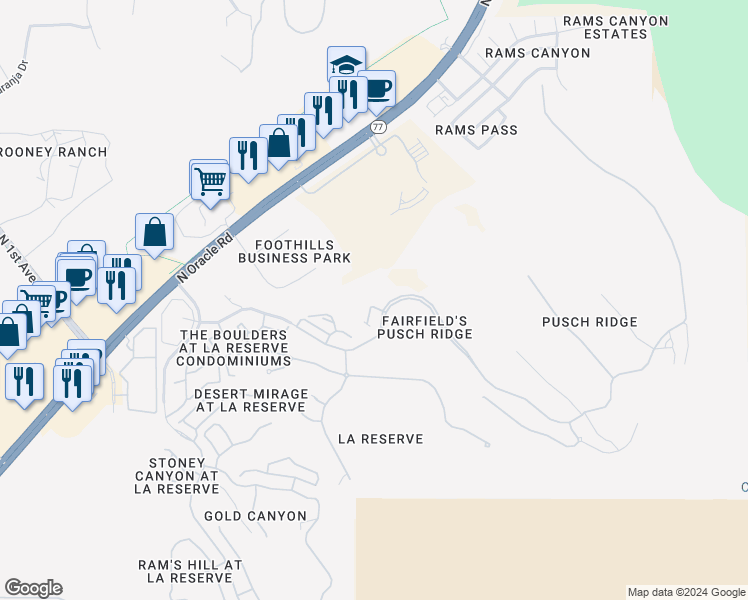 map of restaurants, bars, coffee shops, grocery stores, and more near 10770 North Della Vita Place in Oro Valley