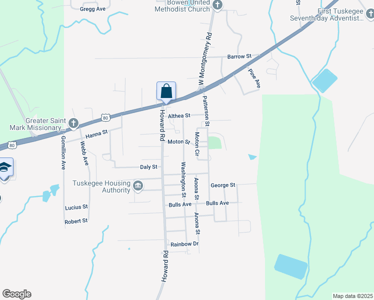 map of restaurants, bars, coffee shops, grocery stores, and more near 2802 Moton Circle in Tuskegee