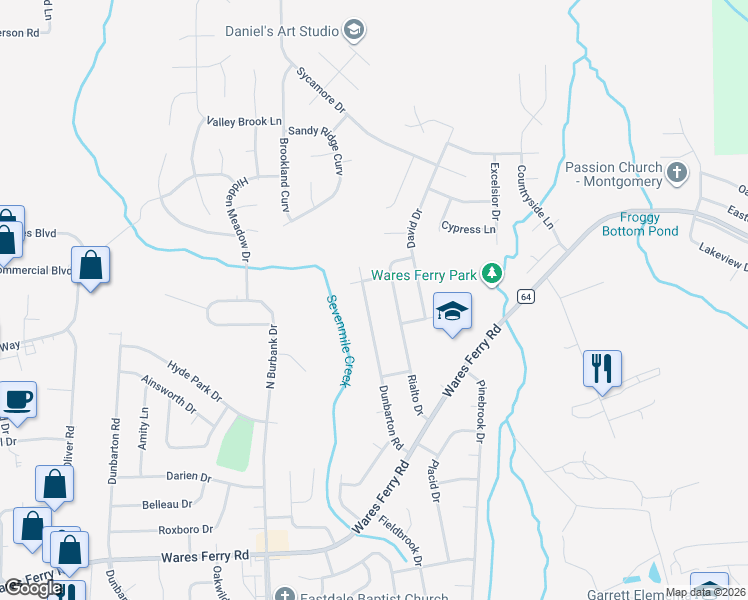 map of restaurants, bars, coffee shops, grocery stores, and more near 1325 Dunbarton Road in Montgomery