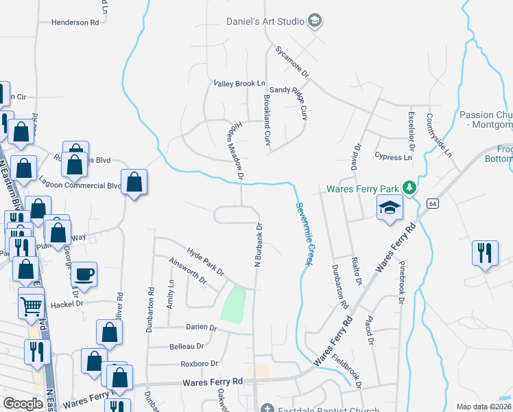 map of restaurants, bars, coffee shops, grocery stores, and more near 1153 North Burbank Drive in Montgomery