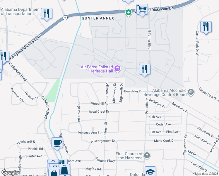 map of restaurants, bars, coffee shops, grocery stores, and more near 1225 Charnwood Drive in Montgomery