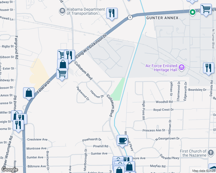 map of restaurants, bars, coffee shops, grocery stores, and more near 904 Coliseum Boulevard in Montgomery