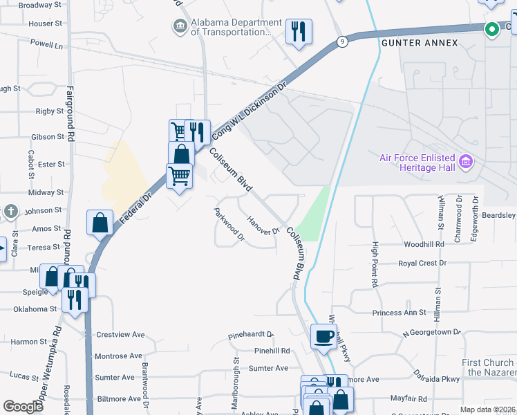 map of restaurants, bars, coffee shops, grocery stores, and more near 928 Hanover Drive in Montgomery