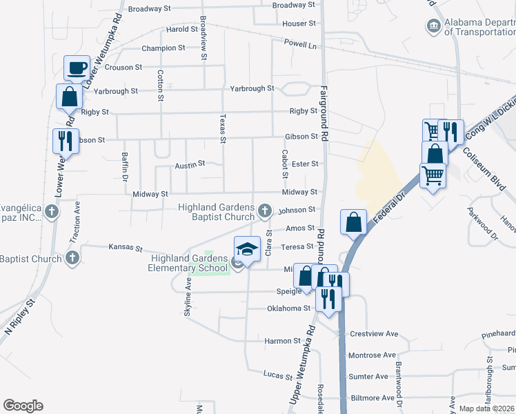 map of restaurants, bars, coffee shops, grocery stores, and more near 1995 Johnson Street in Montgomery