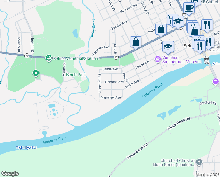 map of restaurants, bars, coffee shops, grocery stores, and more near 15 Riverview Avenue in Selma