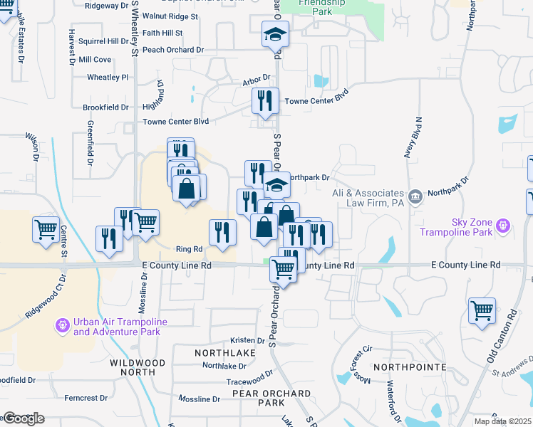map of restaurants, bars, coffee shops, grocery stores, and more near 203, 855 South Pear Orchard Road in Ridgeland