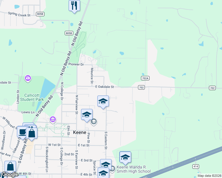 map of restaurants, bars, coffee shops, grocery stores, and more near 510 North Eastern Street in Keene
