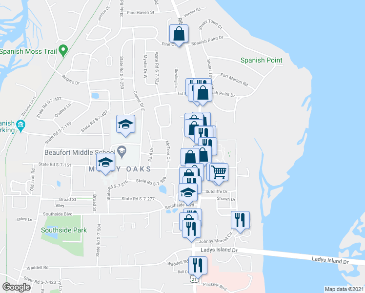 map of restaurants, bars, coffee shops, grocery stores, and more near 2201 Mossy Oaks Road in Beaufort