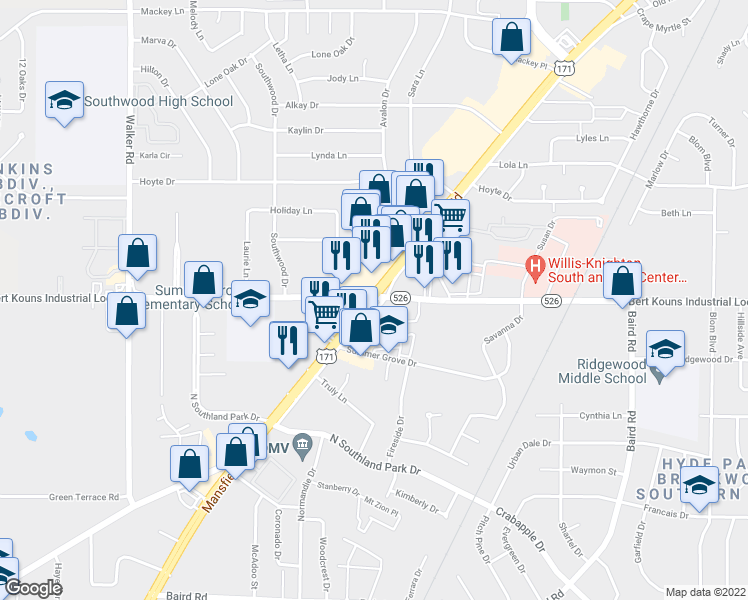 map of restaurants, bars, coffee shops, grocery stores, and more near 9205 Highway 171 in Shreveport