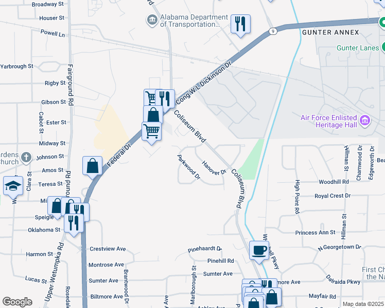 map of restaurants, bars, coffee shops, grocery stores, and more near 969 Hanover Drive in Montgomery