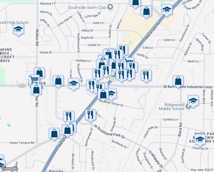 map of restaurants, bars, coffee shops, grocery stores, and more near 9205 Mansfield Road in Shreveport