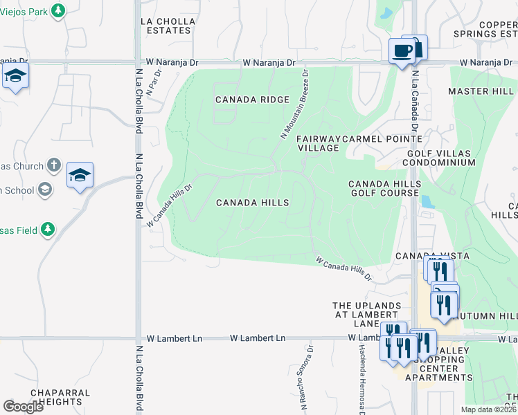 map of restaurants, bars, coffee shops, grocery stores, and more near 10729 North Eagle Eye Place in Tucson